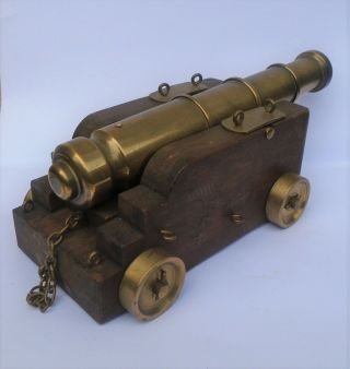 Great Vintage Wood And Heavy Brass Model Naval Gunade Cannon 8 Inch Barrel