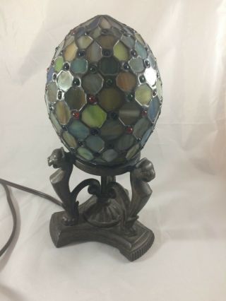 Tiffany Style Stained Leaded Glass Egg Shaped Metal Base Tripod Lamp Lions Head