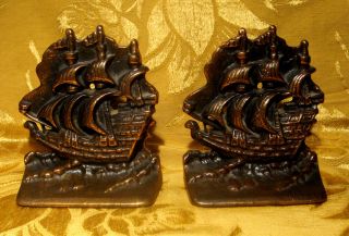 Vintage Cast Iron Galleon Sailing Ship Bookends With Bronze Finish Nautical