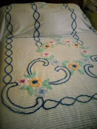 Vintage Chenille Bedspread,  Full / Queen,  Ice Blue With Dark Blue,  Pink,  Green