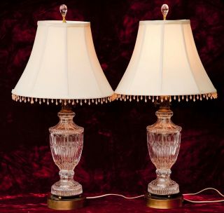 Heavy European Crystal Cut Glass And Brass Clear Table Lamps
