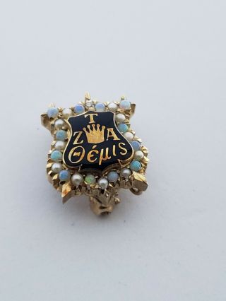 Zeta Tau Alpha Sorority Badge - 10k Gold Seed Pearls,  Opals & Diamond Enamel Pin