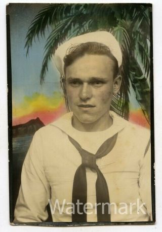 1945 Vintage Tinted Photo Us Navy Sailor Miliary Photobooth Philippines