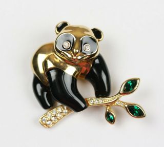 Swarovski Crystal Swan Logo Black Enamel Goldtone Figural Panda Bear Pin Brooch