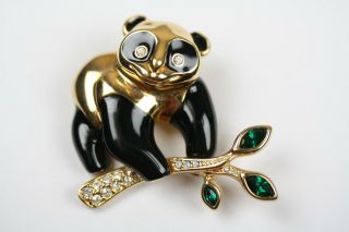 Swarovski Crystal Swan Logo Black Enamel Goldtone Figural Panda Bear Pin Brooch 2