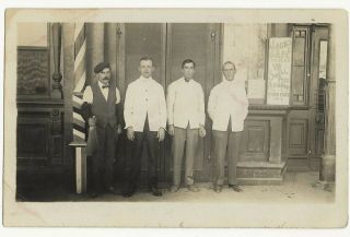 1911 Barbers On Sidewalk,  Barber Pole,  Great Sign Rppc Real Photo