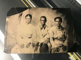 African American 2 Women & Man Sixth Plate Tintype Studio Backdrop Visible