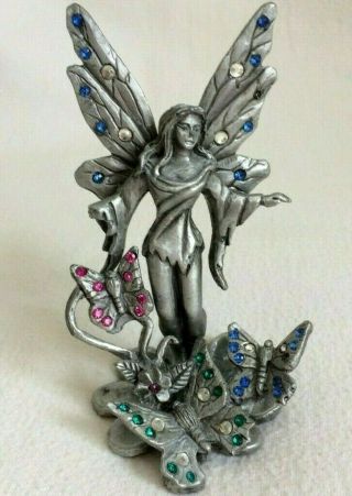 Angel Fairy Silver Pewter Figurine Flower Butterflies Jewels Gems 1994 Sunglo