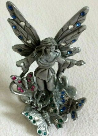 ANGEL FAIRY Silver PEWTER FIGURINE Flower BUTTERFLIES Jewels Gems 1994 SUNGLO 3