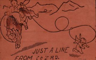 Just A Line Cowboy Ropes Cupid Vintage Leather Postcard