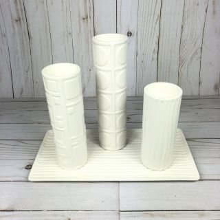 Partylite White Ceramic Cylinder Tealight Trio Candle Holders W/ Tray Set Of 4