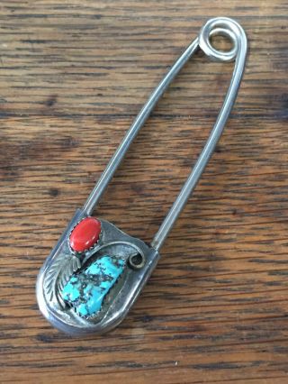 Vintage Horse Blanket Safety Pin Holder Silver Turquoise & Coral Signed F R