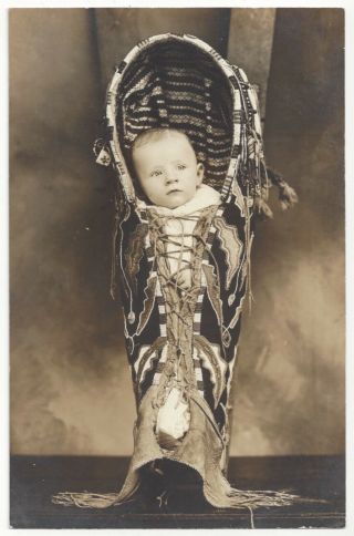1910 Studio Real Photo - Child In Native American Indian Papoose