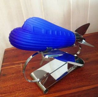 Art Deco Sarsaparilla Dc - 3 Chrome & Cobalt Blue Glass Airplane Desk Lamp