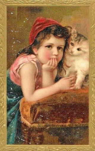 Antique Vintage Post Card Child Girl Cat Kitten Gilded Border Divided Back