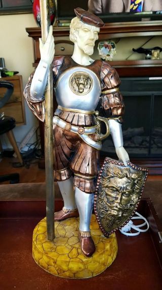 Spanish Knight Explorer Conquistador Resin Table Lamp With Torch Lion Sigil
