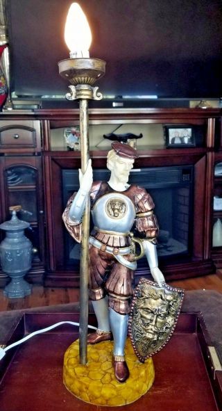 Spanish Knight Explorer Conquistador Resin Table Lamp With Torch Lion Sigil 6