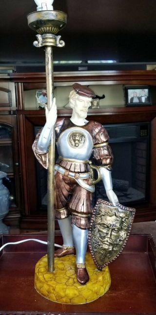 Spanish Knight Explorer Conquistador Resin Table Lamp With Torch Lion Sigil 7