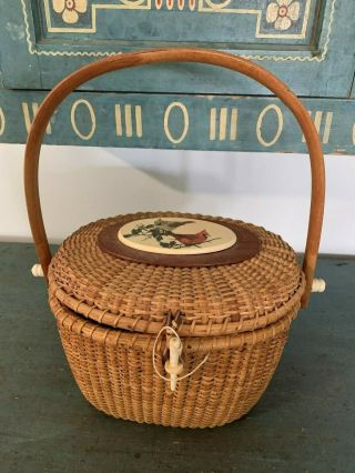Vintage Nantucket Basket Purse With Birds Signed Barlow