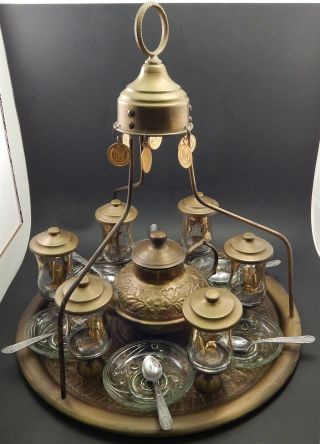Vintage Turkish Brass & Glass Tea Set For 6 Settings Unique Complete