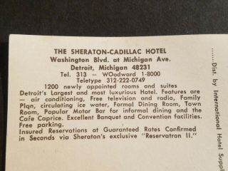 Detroit Michigan,  Sheraton - Cadillac Hotel Vintage Postcard 3