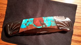 Ghostown Custom Buck Knife Turquoise Coral Dinosaur Bone