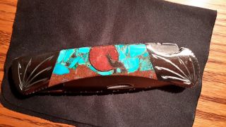 Ghostown Custom Buck Knife Turquoise Coral Dinosaur Bone 9