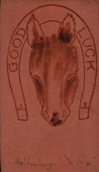 Good Luck Horseshoe,  Burro ? Vintage Leather Postcard
