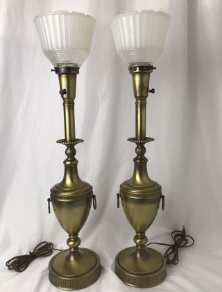 Pair Vtg Torchiere Table Lamps Mid Century Hollywood Regency Glass Shades,  Brass