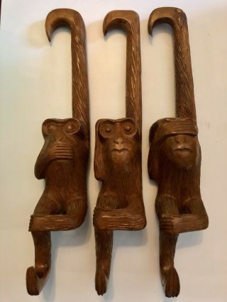 Vintage Three Wise Monkeys Hangers,  Hand Carved Wooden