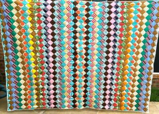 Vtg Hand Made Stitched Queen/full Size Blanket Multi Color Quilt 85x63