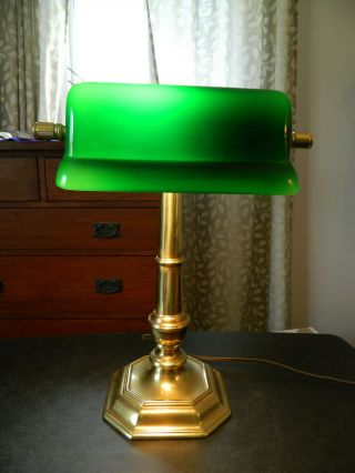 Vintage Solid Brass Bankers Desk Lamp Green Glass