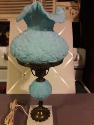 Baby Blue Satin Glass Lamp With Marble Base And Brass Feton? Vintage