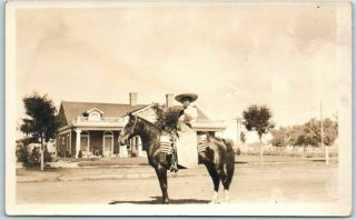 Vintage Rppc Real Photo Postcard Woman In Big Hat On Horse W/ House View C1910s