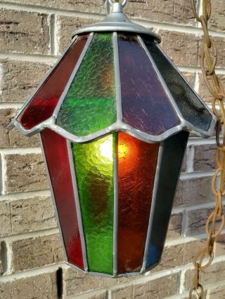 Vintage Light Fixture Hanging Ceiling Swag Stained Glass Lamp Red Blue Green