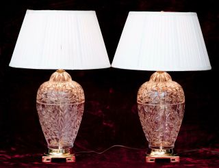 Pair (2) Large Hand - Cut Lead Crystal Table Lamp By Lausitzer Glass Branch Pattern