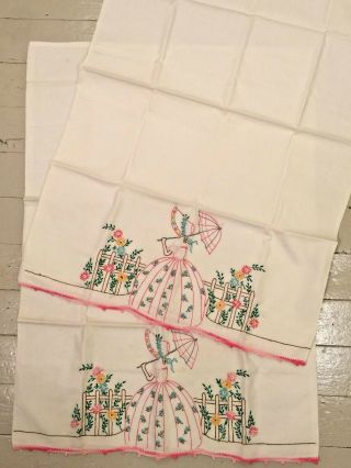 Pair 2 Vintage Embroidered Southern Belle W Parasol & Flowers Pillowcases