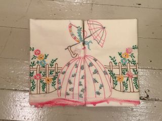 Pair 2 Vintage Embroidered Southern Belle w Parasol & Flowers Pillowcases 2