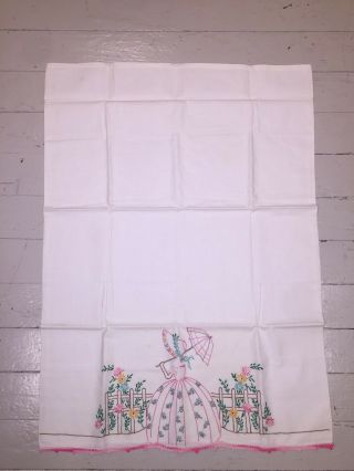 Pair 2 Vintage Embroidered Southern Belle w Parasol & Flowers Pillowcases 4