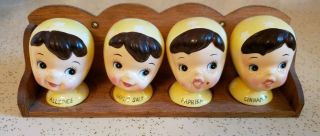 Vintage Napco Miss Cutie Pie Yellow Spice Shakers With Wood Shelf Rack