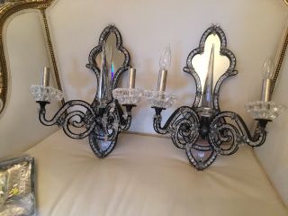 Omg Schonbek Sconces Pair Crystal Mirror Beaded Spike Prism Lamps Incredible