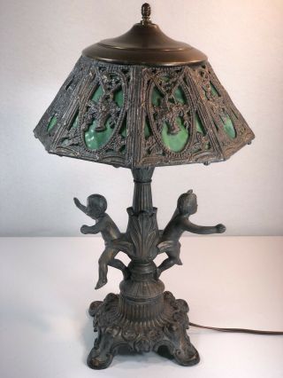 Antique Art Nouveau Figural 8 Panel Jade Green Slag Glass Lamp 1912