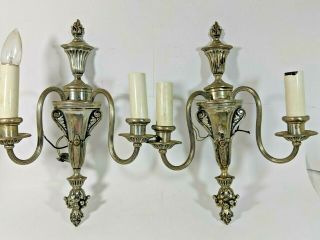 Antique Vintage French Empire Pair White Bronze Brass Wall Sconces Sconce
