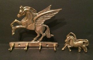 Vintage Brass Pegasus Hanging Key Holder Hanger Winged Horse Multiple Hooks Clip