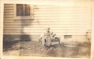1910s Rppc Real Photo Postcard Boy Sitting In Pull Wagon With Teddy Bear