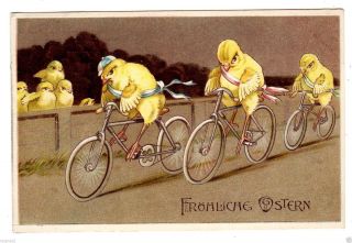 Postcard German Easter Chicks On Bicycles Embossed 1914