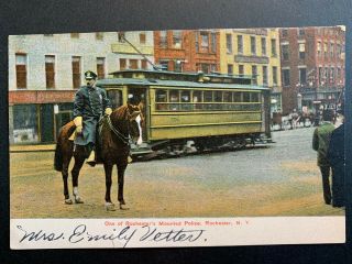 Postcard Rochester Ny - Mounted Police Officer - Trolly Car - Horse