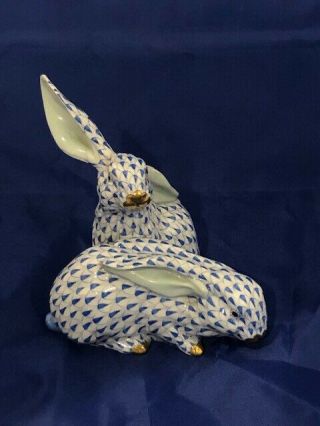 Herend Double Pair Rabbits Ear Up Blue Fishnet Bunnies