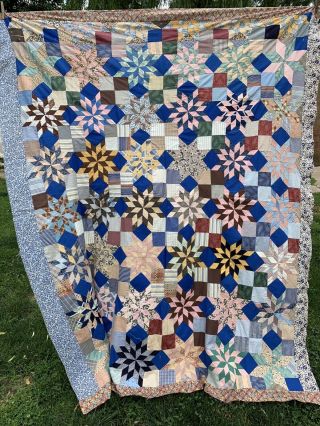 Vintage Hand Pieced Four Patch Star Pattern Quilt Top Some Feedsack Fabric