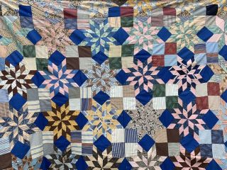Vintage Hand Pieced Four Patch Star Pattern Quilt Top Some Feedsack Fabric 2